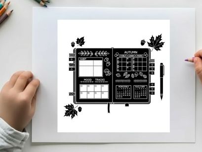 Silhouette of a bullet journal with grids and leaves