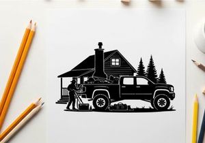 Silhouette of a man loading wood beside a truck and cabin