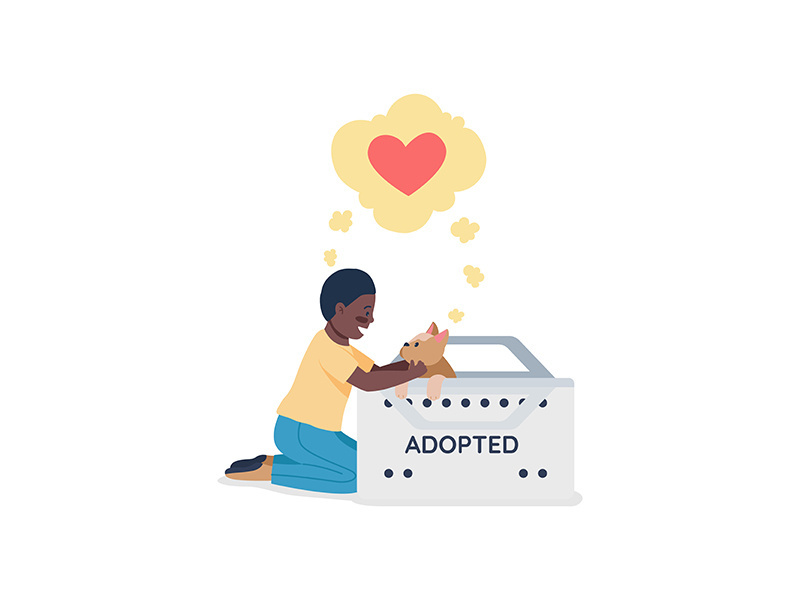 Happy african american kid with adopted dog flat color vector detailed character