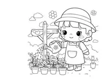 Cute girl watering plants in garden vector illustration