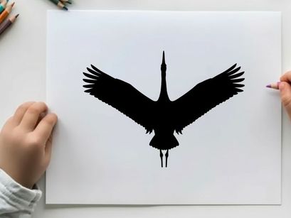 Silhouette of a bird in flight with outstretched wings and long neck