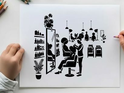Silhouette of a hair salon with a stylist at work