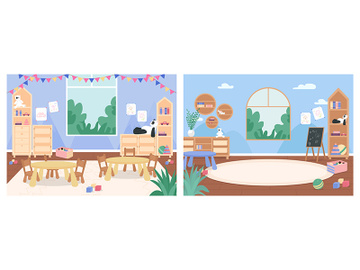 Primary school classroom with no people flat color vector illustration set preview picture