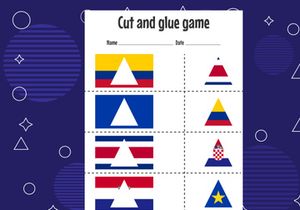 12 Pages Cut and glue game for kids with country flag. Cutting practice for preschoolers. Education paper game for children