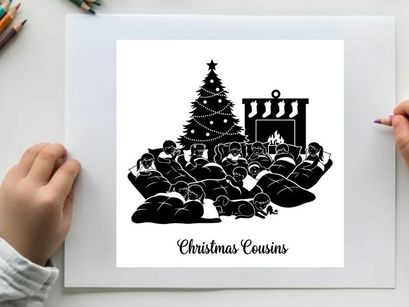 Christmas cousins silhouette gathering around fireplace by tree