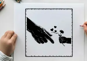 Silhouette of hands exchanging a flower with hearts