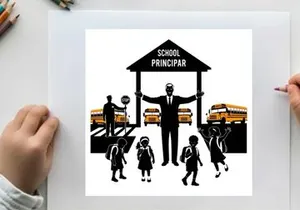 School principal silhouette welcoming students on a busy morning