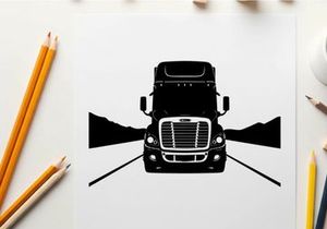 Silhouette of a semi truck on a highway with mountains
