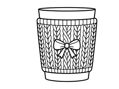 Weihnachts-Kaffeetasse mit gestricktem Überzieher und Schleifen-Linienillustration