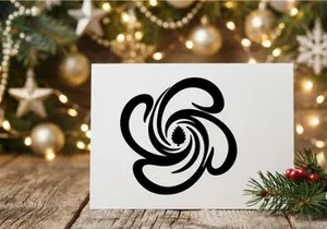 Black and white abstract floral swirl icon with a central pine cone silhouette design.