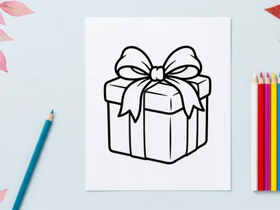 Christmas gift box with ribbon bow line art illustration for holiday coloring page design.