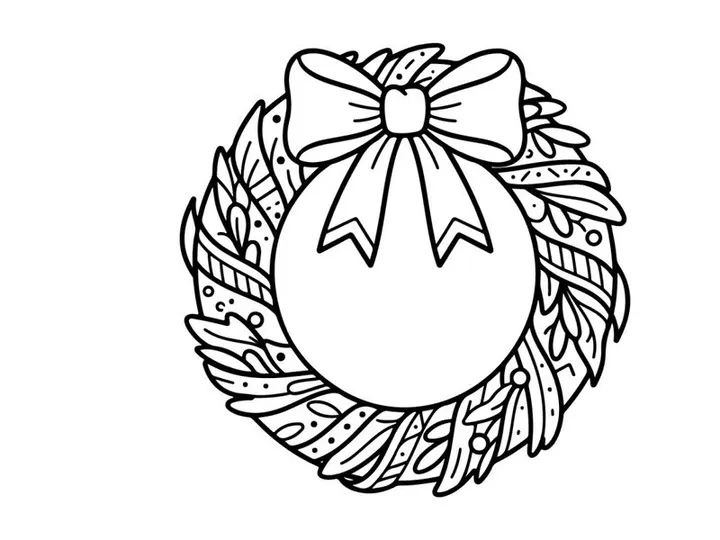 Christmas wreath line art illustration with a decorative bow for holiday coloring pages.