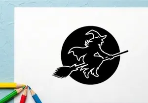 Stylized witch riding broomstick with moon silhouette for Halloween