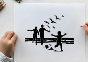 Family silhouette running on beach with seagulls flying overhead