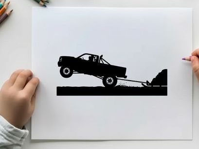 Silhouette of a pickup truck towing a trailer up a steep incline