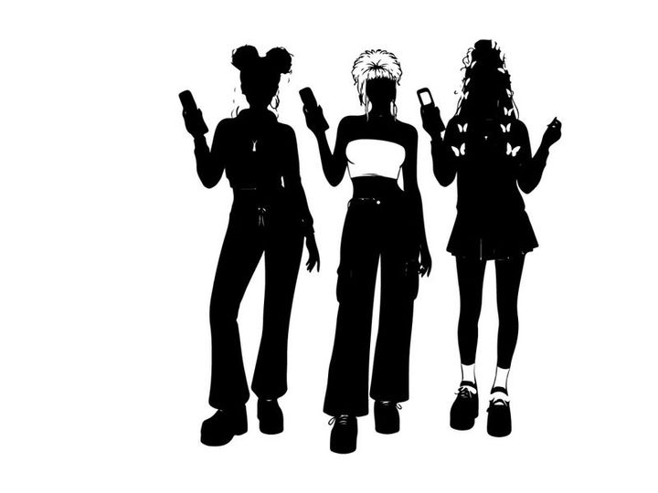 Three women silhouette holding cell phones in black and white