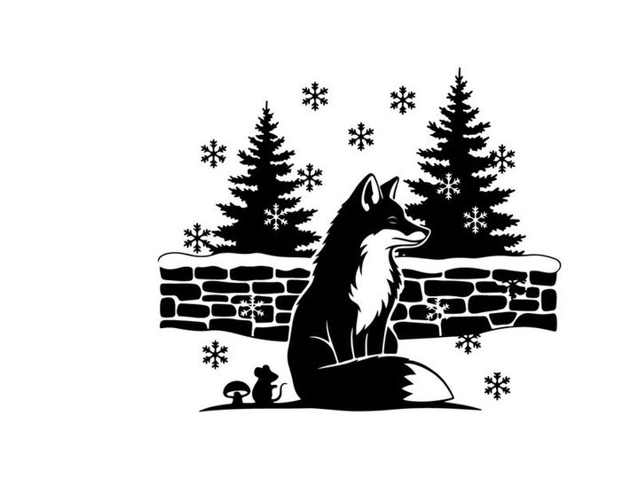 Silhouette of a fox sitting by a snowy wall with pine trees silhouette