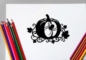 Silhouette of a pumpkin with a spider and decorative vines for Halloween