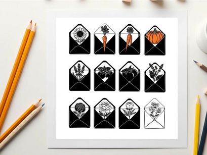 Collection of 12 unique silhouette designs in black and white with orange accents silhouette