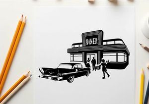 Silhouette of a vintage diner with people and a classic car