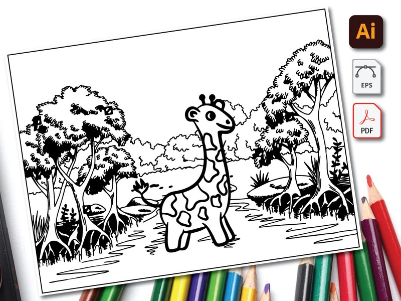 Giraffe Coloring Book Line Art Design