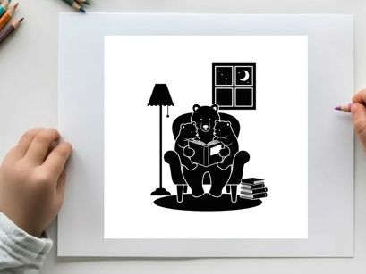 A silhouette of a bear reading in a cozy chair at night