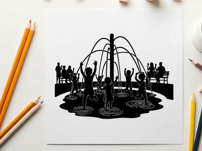 Silhouette of children playing in a splash pad on a sunny day silhouette