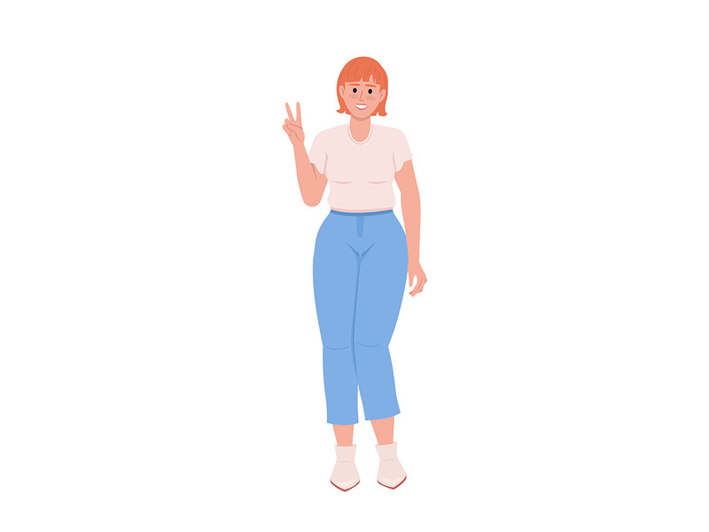 Lady showing peace gesture semi flat color vector character