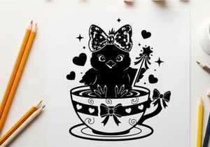 Adorable silhouette cat in decorative teacup with bow and wand silhouette