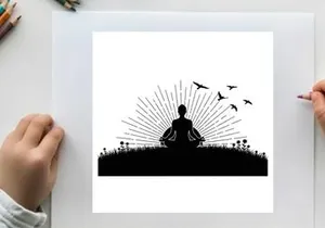 Serene silhouette of a person meditating in nature with birds flying by