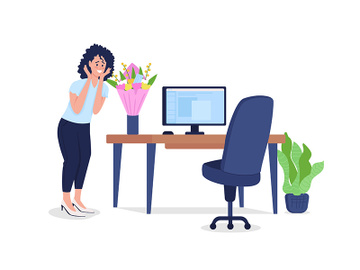 Woman surprised by bouquet at workplace flat color vector detailed character preview picture