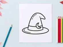 Ilustrasi topi penyihir hitam putih sederhana. Aksesori kartun klasik untuk desain musiman seram.