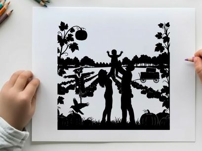 Family in a field with silhouette of a child on father's shoulders