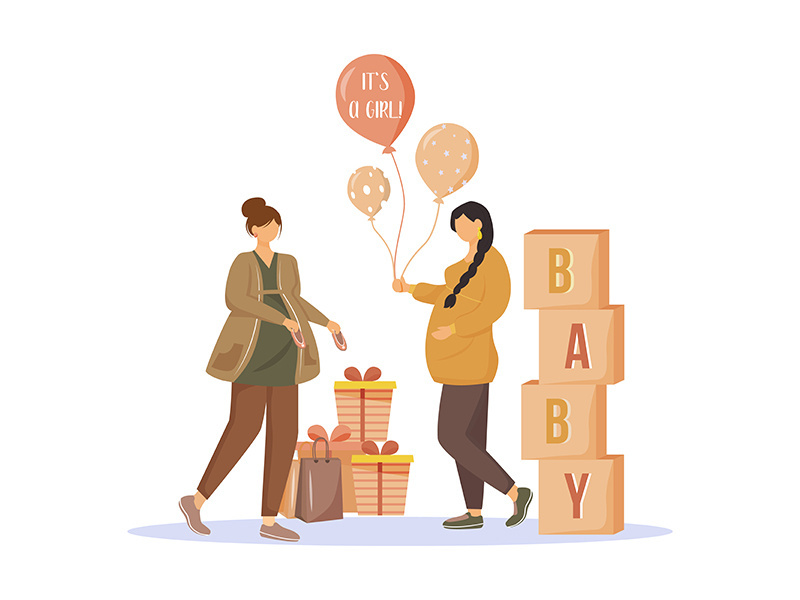 Pregnant women with gifts flat vector illustration