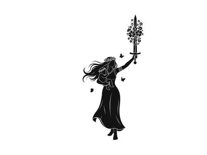 Silhouette of a woman holding a sword with flowers and butterflies