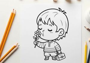 Cute boy holding flower vector illustration flat design