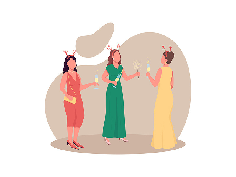 Elegant women in festive outfit flat color vector faceless characters