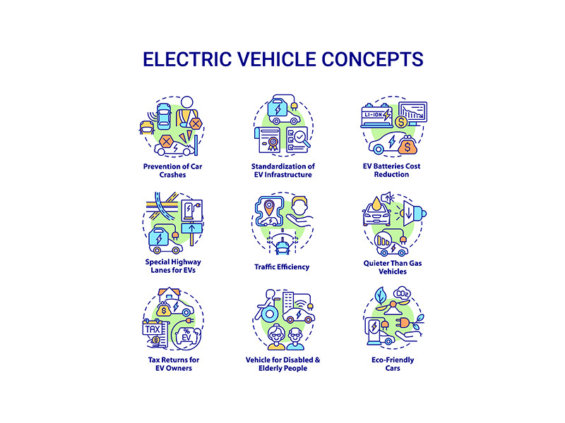 Electric vehicle round concept icons set.