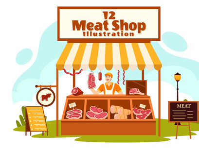 12 Meat Shop Vector Illustration