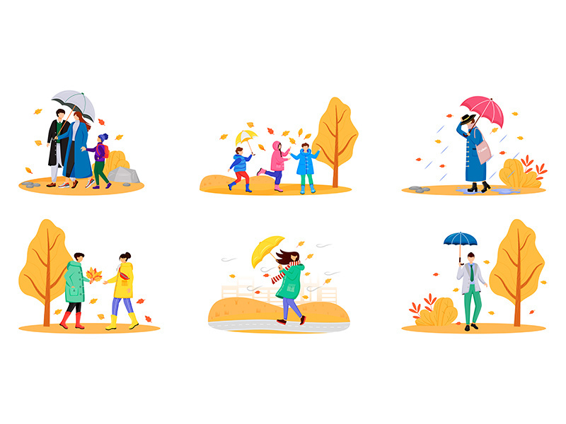 Walking people with umbrellas flat color vector faceless characters set