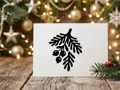 Black silhouette of a pine branch with berries for Christmas holiday design elements.