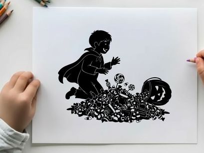 Silhouette of a child in a cape looking at a pile of toys silhouette