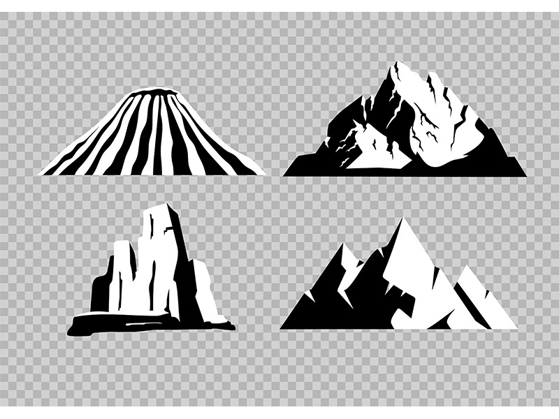 High mountains flat black and white vector objects set