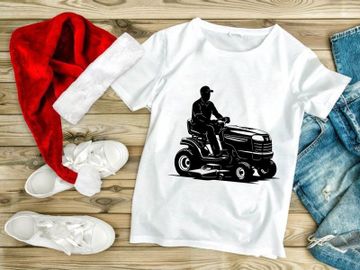 Man riding a lawn mower tractor in a black silhouette illustration preview picture