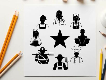 Silhouette of various occupations arranged in a star pattern