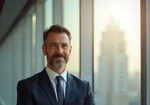 A confident businessman with crossed arms is pictured.