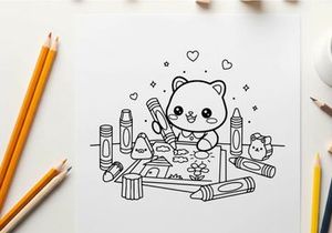 Cute teddy bear drawing with art supplies vector illustration