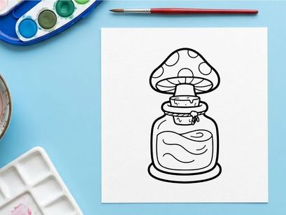 Cartoon mushroom-shaped jar with magic potion swirls. Whimsical fantasy bottle holding enchanted elixir for Halloween decor.