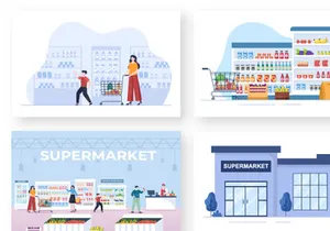 15 Supermarket Shopping Cartoon Illustration