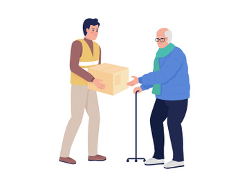 Old man getting humanitarian aid from volunteer flat color vector characters preview picture